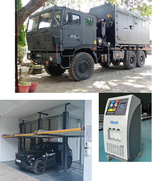 showing a car on a Stack Parking lift in a multi-level parking , a a customised application of army truck, and a Conair AC gas recharging Machine.